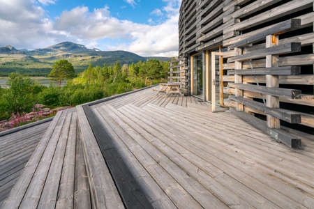 Vietas, Sweeden - 08.15.2021: Modern wooden building of Visitor Center Laponia in Stora Sjofallet, Stuor Muorkke National Park in Swedish Lapland.のeditorial素材