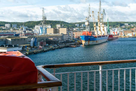Gdynia, Poland - 09.23.2021: BBC Wesser vessel being loaded by yellow cranes.のeditorial素材