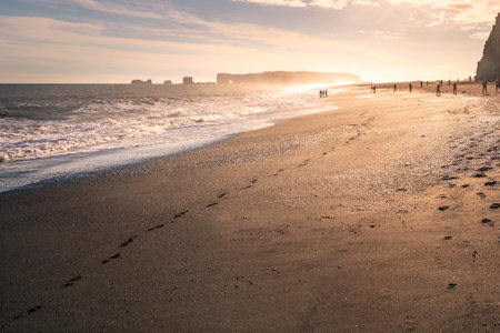 People walking on the black beach of Vik i Myrdal in the golden hour. Dreamy atmosphere in dramatic golden light. Trails in the beach sand.の写真素材