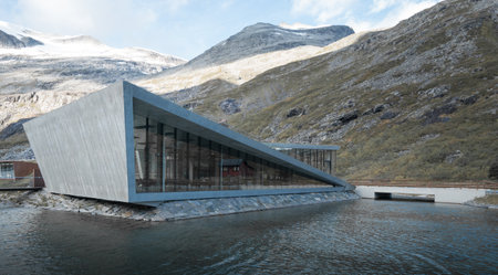 Trollstigen, Norway - 09.11.2017: Modern triangle building of Trollstigen cafe and visitor center on a cold day of early autumn. Modern contemporary architecture in dramatic Norwegian landscape.のeditorial素材