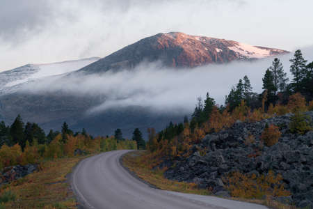 Winding road in the Stora Sjofallet National Park in the back on a day of arctic summer. Wild nature of the far north.の写真素材