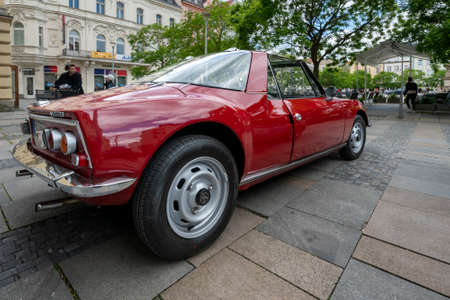 Ostrava, Czechia - 05.28.2022: Low angle wide shot of veteran Matra Sports M530 LX back and side....
