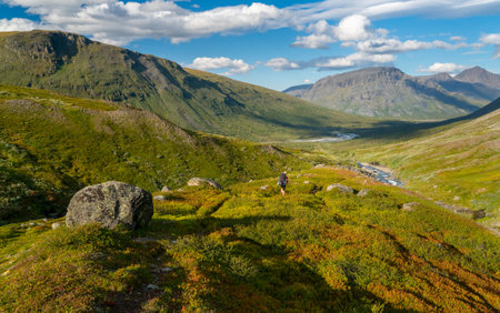 Female hiker with heavy backpack and gear walking in mountain valley in remote Arctic on sunny summer day.Noajdevagge valley with Laddebakte mountain in the back,Sarek National Park,Lapland,Swedenの写真素材
