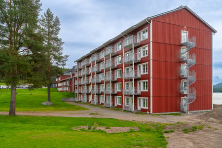 Vidsel, Sweden - 08.24.2022: Storforsen hotel by Pite River in Swedish arctic on a day of arctic summer. Norrbottens area, northwest of Alvsbyn. Wild nature of far north. Nature of Swedish Lapland.のeditorial素材