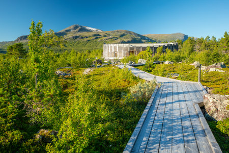 Vietas, Sweeden - 09.16.2021: Modern wooden building of Visitor Center Naturum Laponia in Stora Sjofallet, Stuor Muorkke National Park in Swedish Lapland. Beautiful day in remote arctic landscapeのeditorial素材