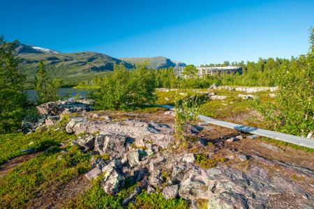 Vietas, Sweeden - 09.16.2021: Modern wooden building of Visitor Center Naturum Laponia in Stora Sjofallet, Stuor Muorkke National Park in Swedish Lapland. Beautiful day in remote arctic landscapeのeditorial素材