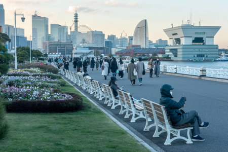 Yokohama, Japan - 12.09.2022: View of Yokohama city center from marina pathway. Landmark tower and Intercontinental hotel.のeditorial素材