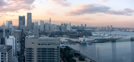 Yokohama, Japan - 12.09.2022: View of Yokohama city center from observation deck of Marina Tower. Landmark tower in the back.のeditorial素材