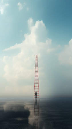 Vertical picture of a silhouette of a man staying by a ladder to heavens. Dreamy atmosphere. Concept for heaven, dying, going to the other side, losing loved ones. AI Generated.の素材
