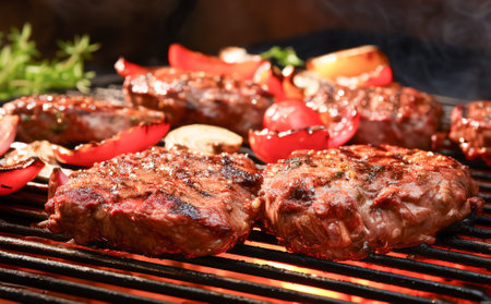 Closeup of beef steaks and burgers grilled on a charcoal grill with tomatoes, onions and other vegetables. Summer time party concept. Grilling in the garden. AI Generated.の素材