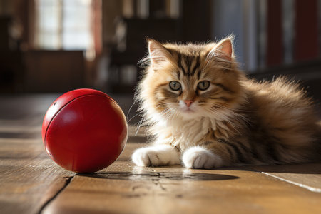 Cute brown and white kitten lying on a wooden floor, looking at red ball in front of it AI Generated.の素材