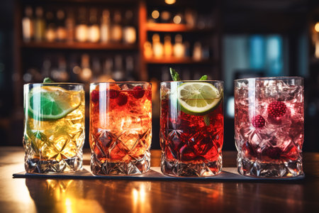 Different colored drinks on ice rocks, served in fancy glasses, standing on a wooden bar in atmospheric light. Concept for summer drinks, alcoholic beverages. AI Generated.の素材