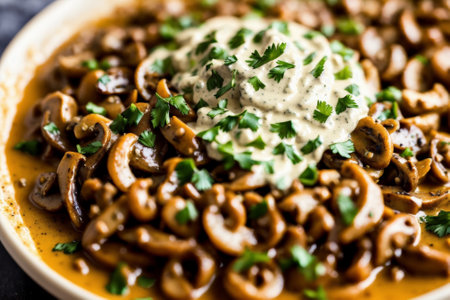 Macro shot of vegan mushroom stroganoff drizzled with a cashew cream sauce, emphasizing the creamy consistency and depth of flavor. AI generated.の素材