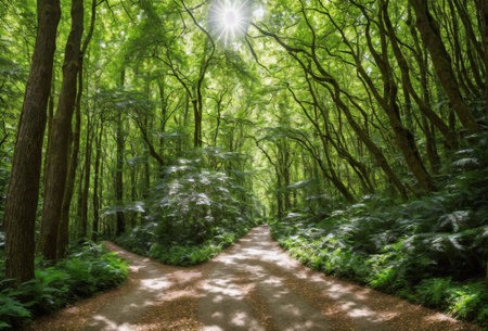 A winding forest path meanders through the lush greenery, dappled sunlight filtering through the canopy above, creating a tranquil and enchanting atmosphere.. AI generated.の素材