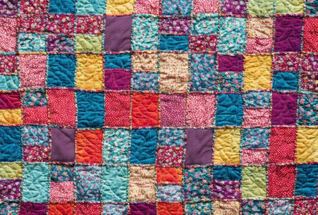 A vibrant patchwork quilt with assorted textures and colorful designs. AI generated.の素材