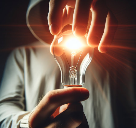 Close-up of a hand holding a radiant lightbulb, user faintly visible in the background. AI generated.の写真素材
