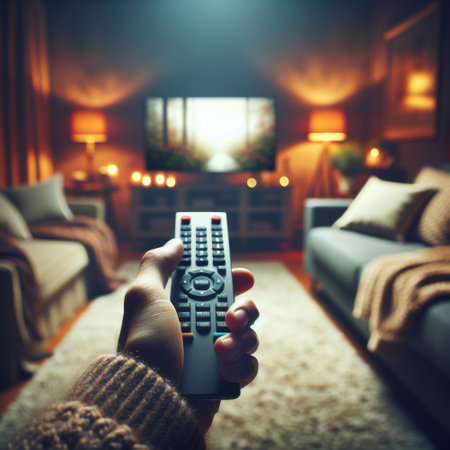 A hand holding a remote control, aiming at a blurred TV screen in a cozy living room.. AI generated.の写真素材