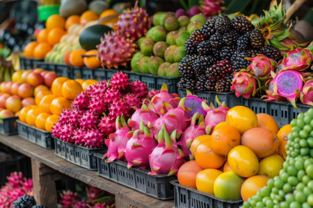 A vibrant display of exotic fruits, featuring dragon fruit, mangosteen, and kiwano, in a tropical setting.. AI generated.の素材