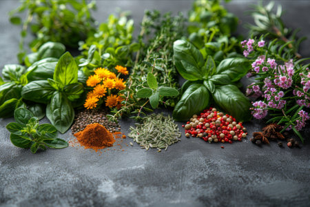 Assorted fresh herbs and spices on a dark, contrasting backdrop, highlighting their vibrant colors.. AI generated.の素材