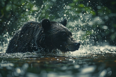 A bear expertly fishing in a river within a dense forest, with water splashing as it catches fish.. AI generated.の素材