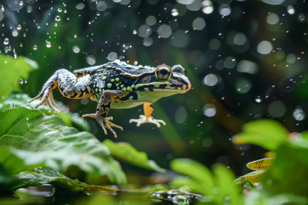 A dynamic image of a frog leaping from one plant to another in a vibrant wetland, with water droplets and lush greenery all around.. AI generated.の素材