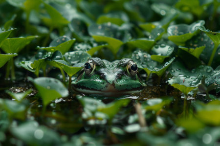 A well-camouflaged frog blending into the dense vegetation of a wetland, almost invisible among the green leaves and reeds.. AI generated.の素材