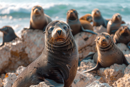 Seals lounging on a rocky coastline, basking under the sun with crashing waves in the background, embodying serene aquatic life.. AI generated.の素材