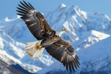 Majestic eagle soaring high above snow-capped mountains under a clear blue sky, showcasing its impressive wingspan.. AI generated.の素材