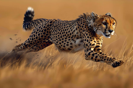 A cheetah sprinting across the open plains at high speed, showcasing its agility and power.. AI generated.の素材