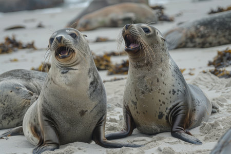 Seals interacting on a sandy beach surrounded by rocks, engaging in social behaviors and vocalizations, highlighting their playful nature.. AI generated.の素材