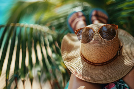 A chic summer outfit featuring a flowy dress, large sun hat, and oversized sunglasses, paired with flip-flops against a blurred tropical background.. AI generated.の素材