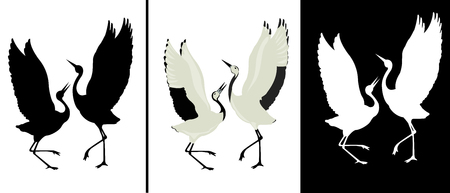  Black silhouette and white silhouette of dancing birds のイラスト素材