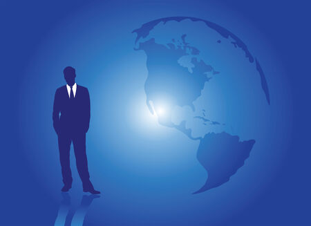 Silhouette of the businessman and Earth on a blue backgroundのイラスト素材