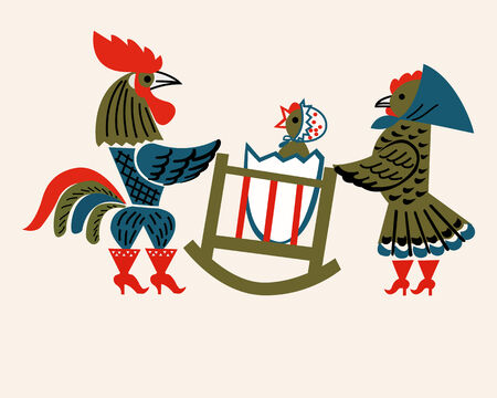 The cock and hen near a small chickenのイラスト素材