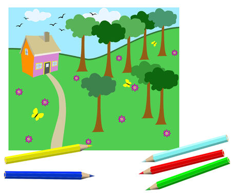 Colour pencils and drawn house in a woodのイラスト素材
