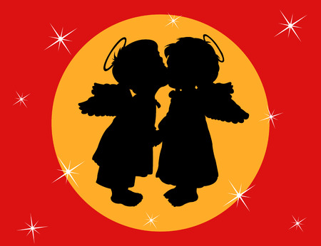 Two angels with wings on a red backgroundのイラスト素材