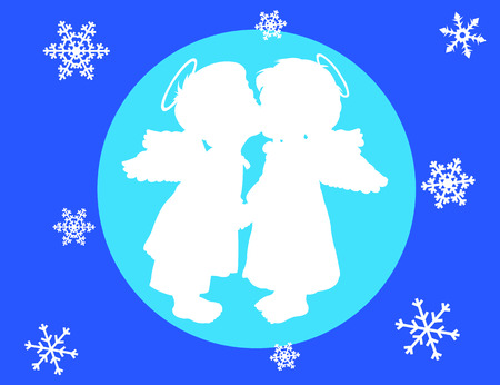 Two angels with wings on a blue backgroundのイラスト素材