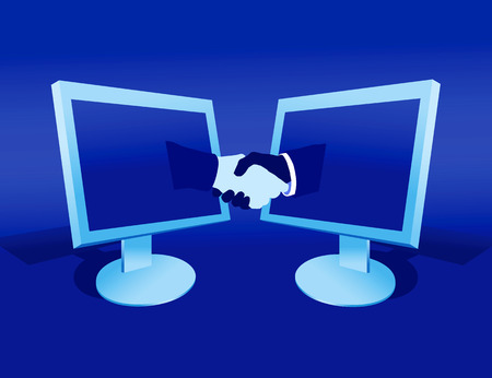 Friendly hand shake through monitors of computersのイラスト素材