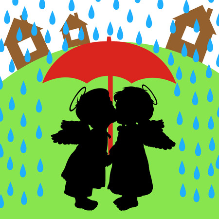 The boy and girl are kissed under a red umbrellaのイラスト素材