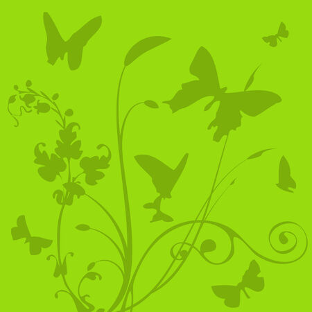 Green background with silhouettes flutter of the butterfliesのイラスト素材