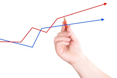 The hand draws the diagram on a white backgroundの写真素材