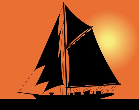 Black silhouette of a yacht at ocean. Sunsetのイラスト素材