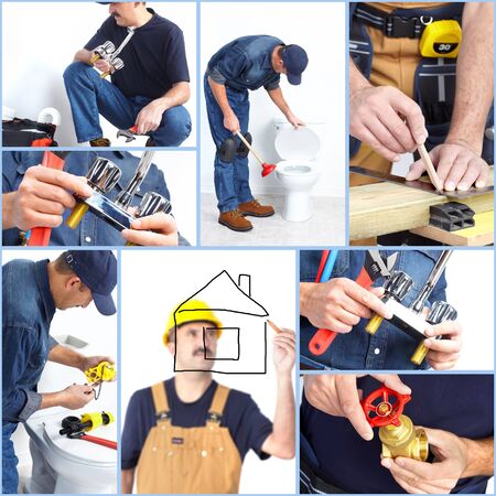 Plumber contractor with tools and details. Worker people.の写真素材