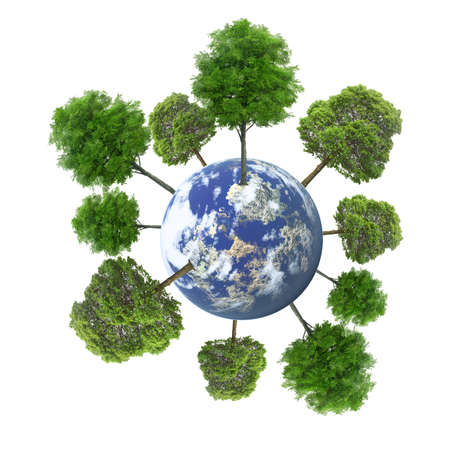 Trees on a planet on a white background. The Earth