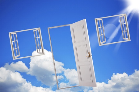 Open doors and windows in the blue sky  Abstract