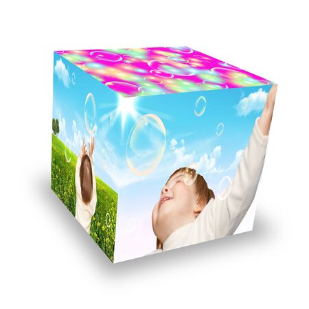 The small girl plays with soap bubbles  Cube