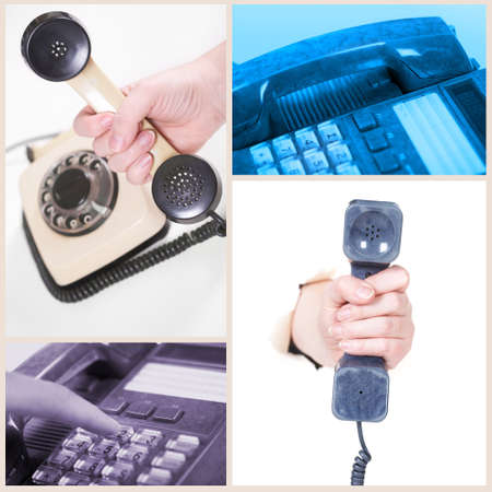 Collage with telephones. The man calls on the phoneの写真素材