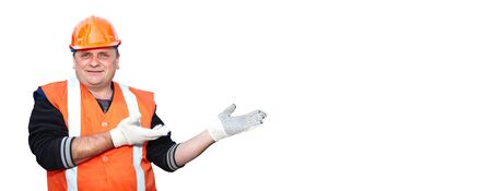 Mature contractor shows gesture on white background