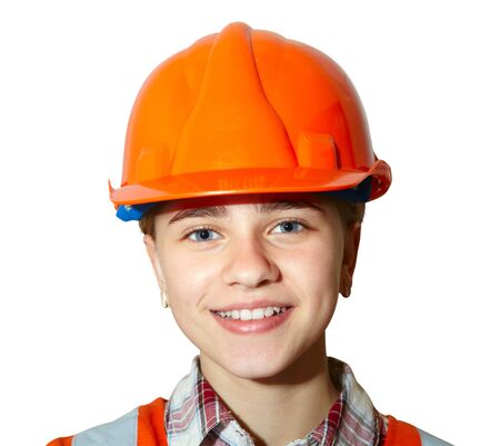 Young contractor on white background. Business and constructionの写真素材