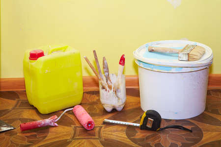 Plastering tools in the yellow room. Renovationの写真素材